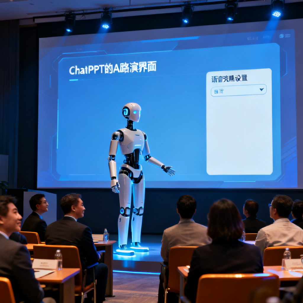 一个智能数字人正在屏幕前进行路演,屏幕显示ChatPPT的AI路演界面,旁边有语音克隆设置选项,观众席坐着投资人和评委,表情专注
