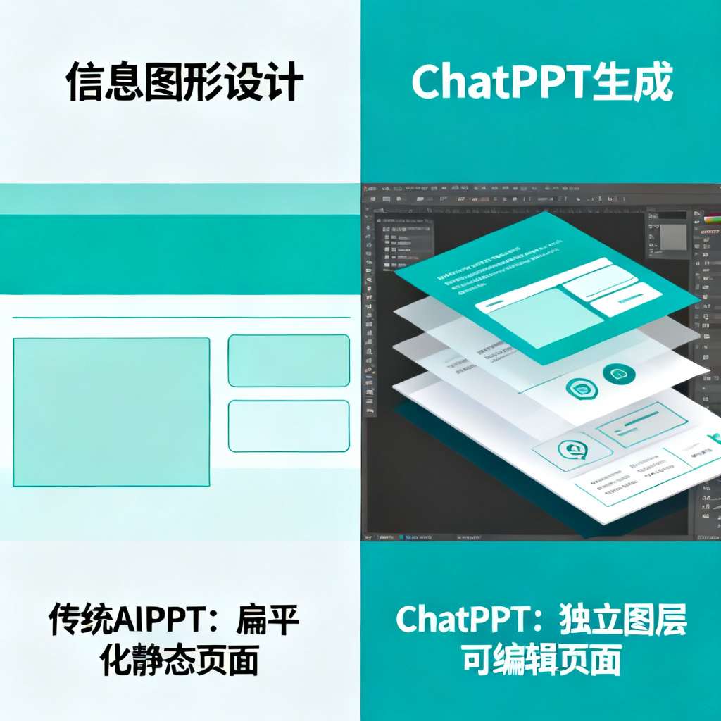 左侧：传统AIPPT生成的扁平化静态页面，右侧：ChatPPT生成的包含独立图层的可编辑页面，展示对比