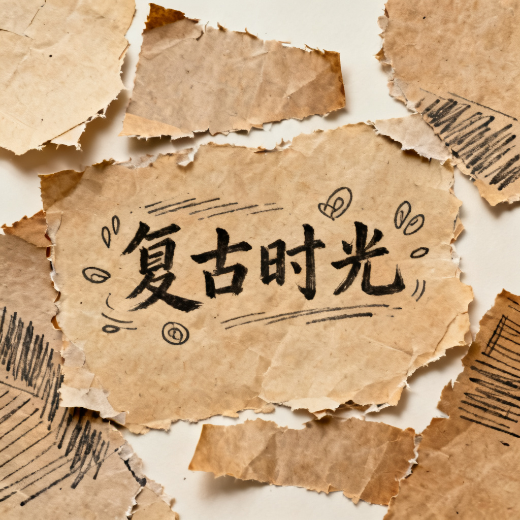 牛皮纸贴画风格,复古纹理,手绘元素,暖色调,不规则边缘与手写字体