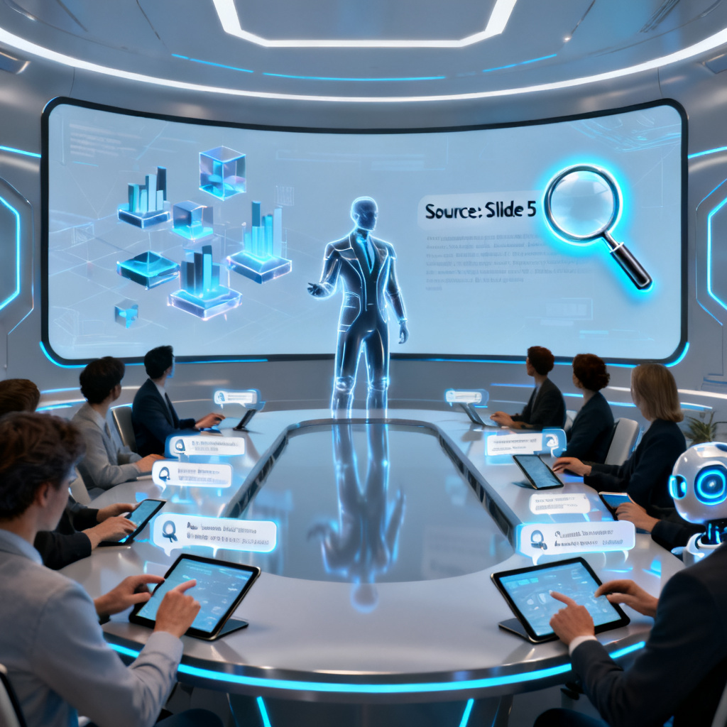 A futuristic boardroom scene where a digital avatar is presenting a slide on a large screen, while audience members interact with an AI chatbot on their tablets, with a magnifying glass icon highlighting 'Source: Slide 5' on the screen.