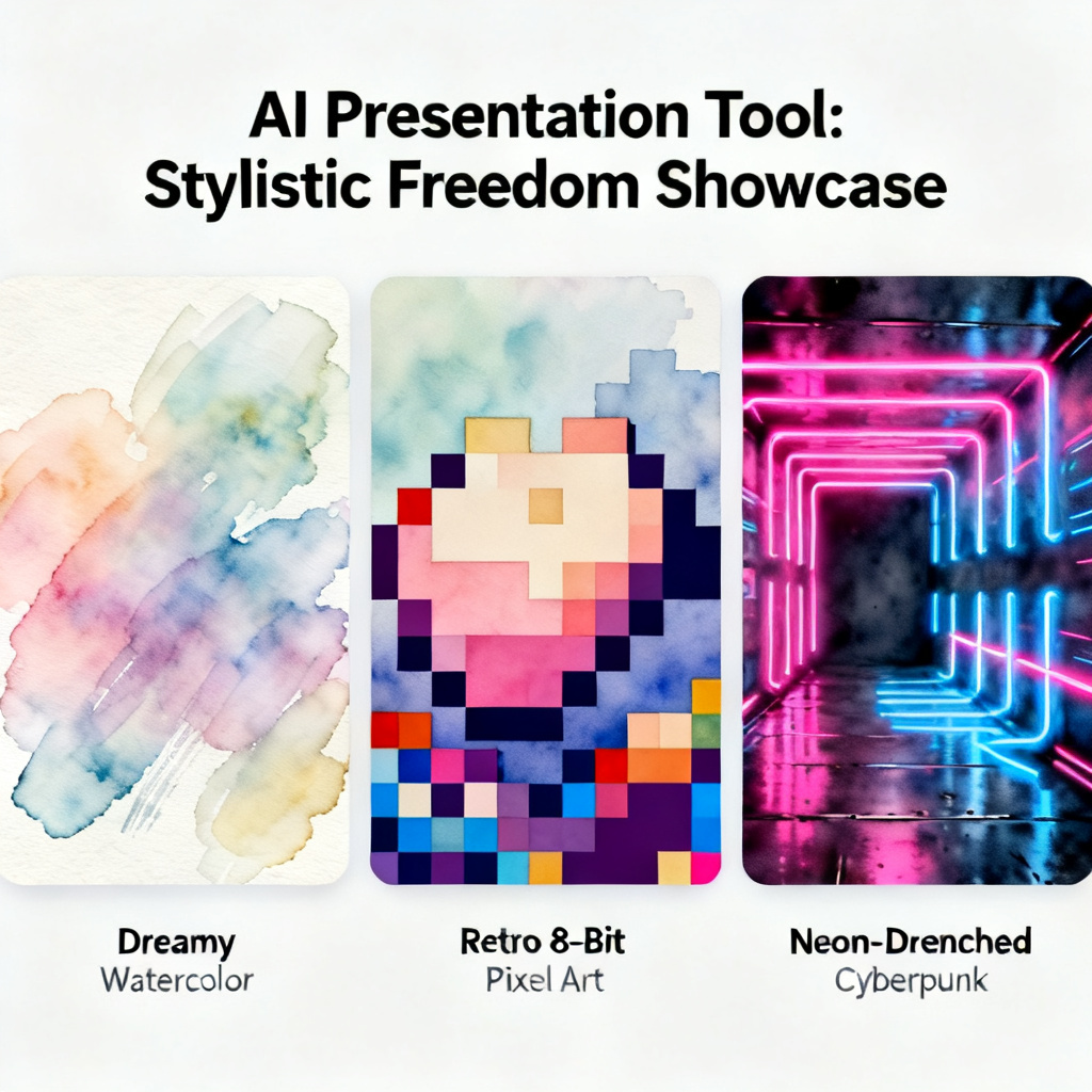 A side-by-side comparison of the same presentation slide rendered in three distinct artistic styles — dreamy watercolor, retro 8-bit pixel art, and neon-drenched cyberpunk — demonstrating the vast stylistic freedom of an AI presentation tool