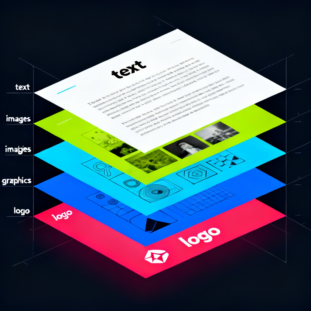 A technical diagram illustrating layer separation: a slide is broken down into separate layers for text, images, graphics, and logo, each highlighted with a different color, demonstrating editable components.