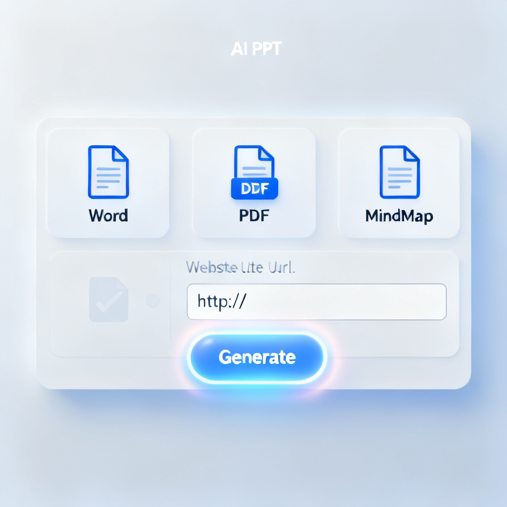 A sleek modern interface showing multiple input methods for AI PPT generation, including file upload icons for Word, PDF, MindMap, and website URL input fields, with a glowing "Generate" button at center