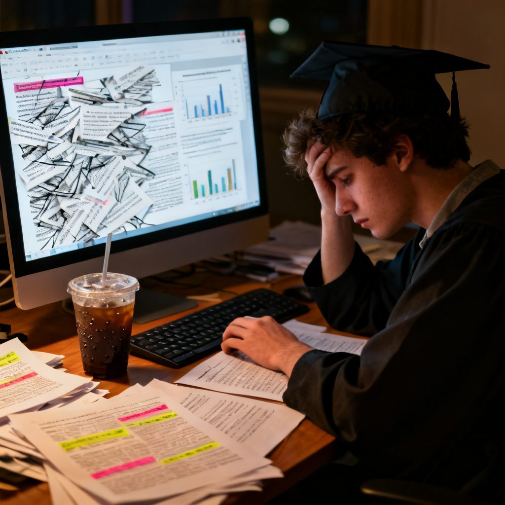A stressed graduate student sitting in front of a computer at 3 AM, with a cup of cold coffee and scattered papers, trying to create a presentation from a long academic paper. The screen shows a chaotic slide with overlapping text and graphs.