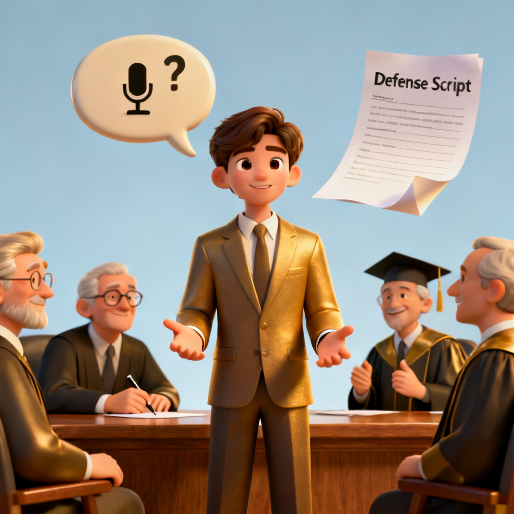 A 3D-style illustration showing a student confidently giving a presentation in front of a panel of professors, with a speech bubble above the student's head containing a microphone and a question mark, and a floating document labeled 'Defense Script' nearby.