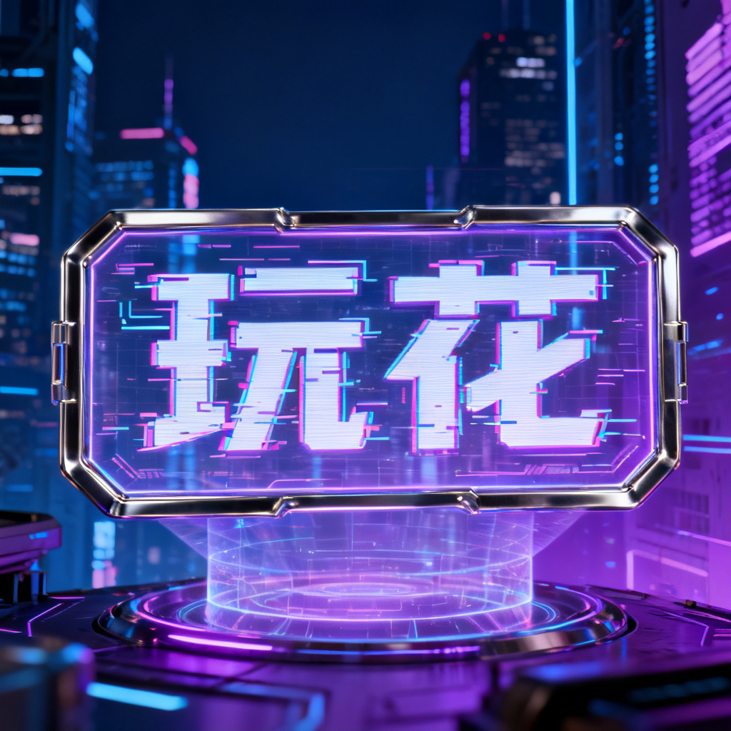 赛博朋克风格，霓虹灯光效，故障艺术字体，金属质感边框，全息投影元素，未来城市背景，深蓝与紫色调，高对比度，电影感光效