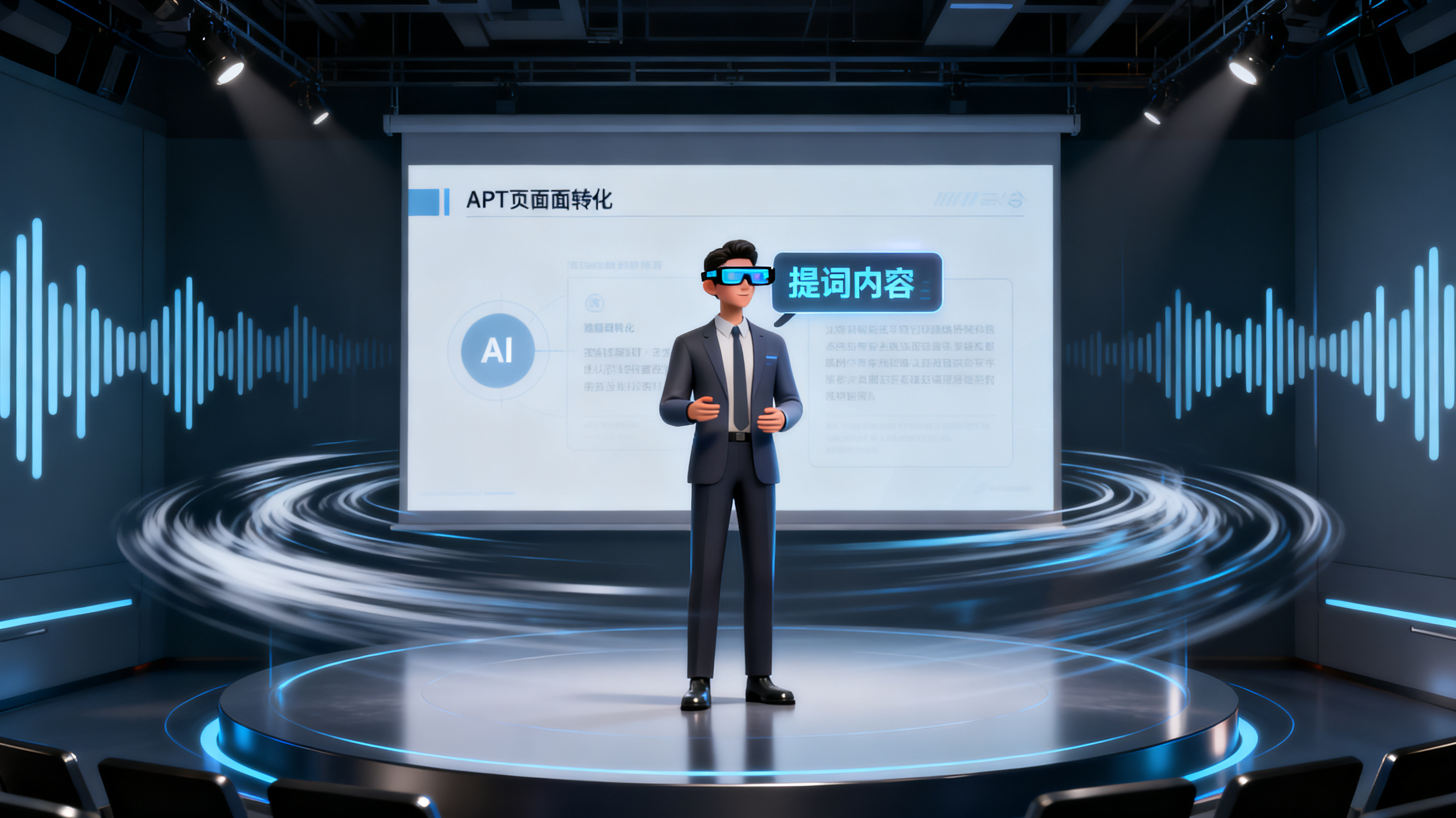 静态 PPT 页面转化为智能数字人演讲，声波环绕，演讲者佩戴 AI 智能眼镜显示提词内容，科技感与商务感融合
