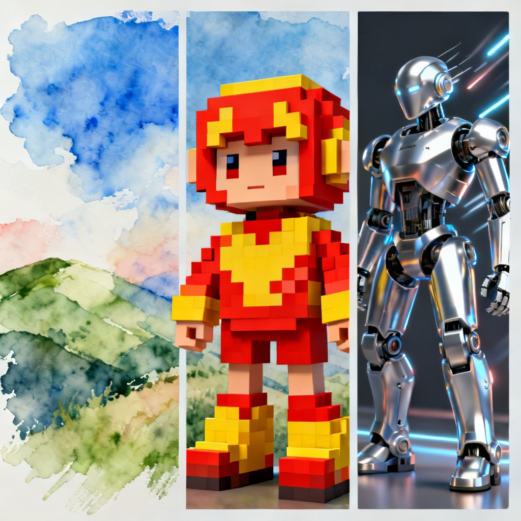 A montage of multiple slides in different artistic styles (watercolor, pixel art, 3D), all generated by the same AI tool, showcasing its versatility