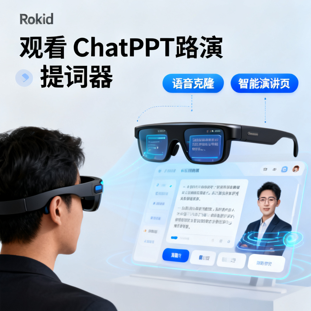 一张示意图,显示用户通过Rokid智能眼镜观看ChatPPT的路演,眼镜中显示提词器内容,旁边是数字人形象,界面标注“语音克隆”和“智能演讲页”按钮。