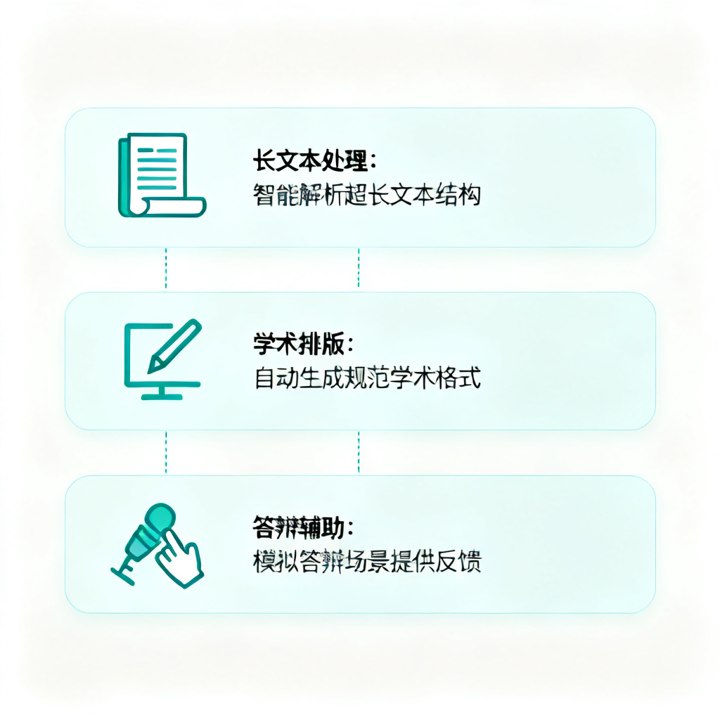 一个信息图展示ChatPPT的核心功能模块：长文本处理、学术排版、答辩辅助，每个模块有图标和简短说明