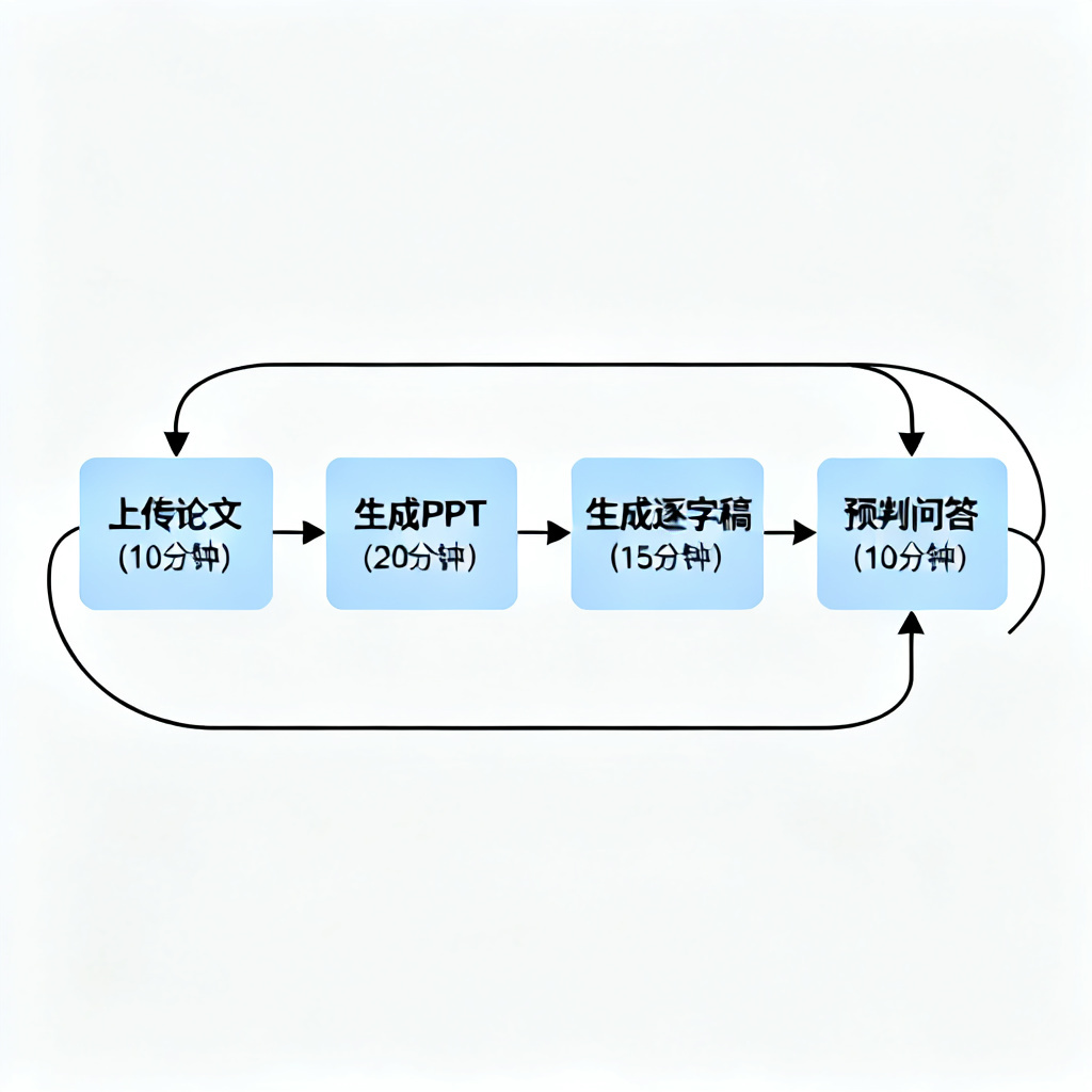 一条时间线流程图，显示从“上传论文”到“生成PPT”到“生成逐字稿”到“预判问答”的全链路闭环，每个步骤标注时间消耗