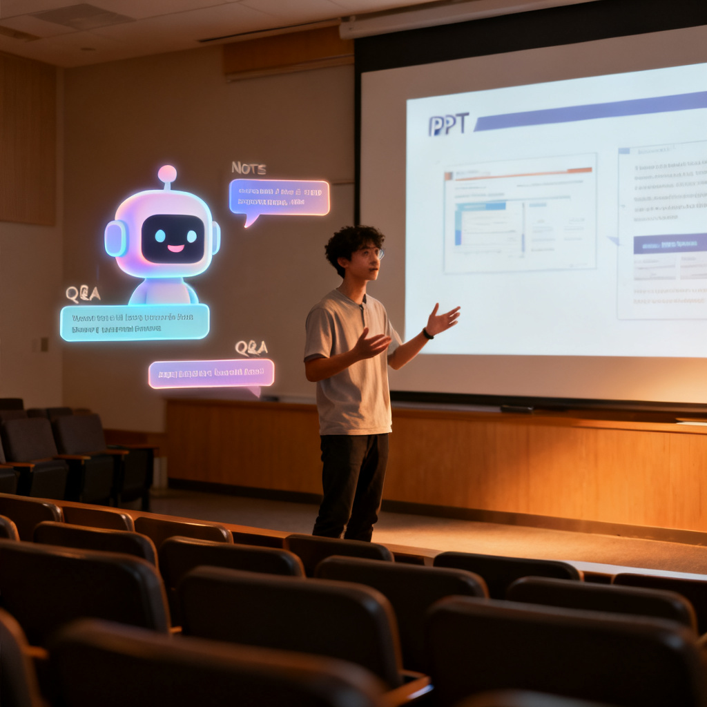 A student confidently presenting a PPT in a lecture hall, with a digital assistant icon hovering nearby showing speech notes and Q&A hints