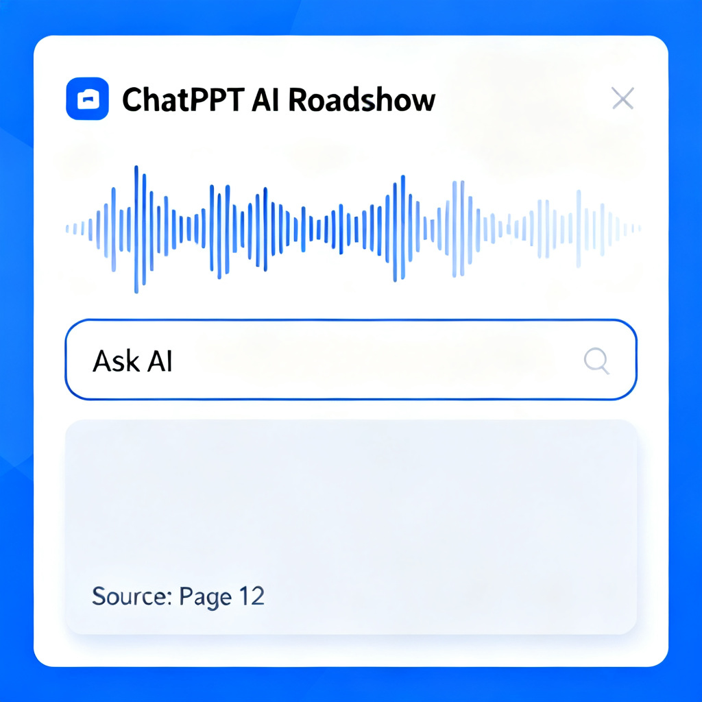 A screenshot of ChatPPT's AI Roadshow player interface, featuring a voice waveform animation, a question input box labeled 'Ask AI', and a response panel with a page reference (e.g., 'Source: Page 12').