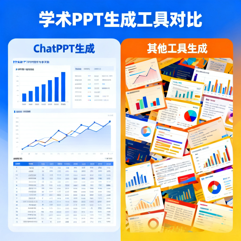 对比图：左侧是ChatPPT生成的学术PPT，排版严谨，数据图表清晰；右侧是其他工具生成的PPT，风格花哨，图表混乱。风格信息图