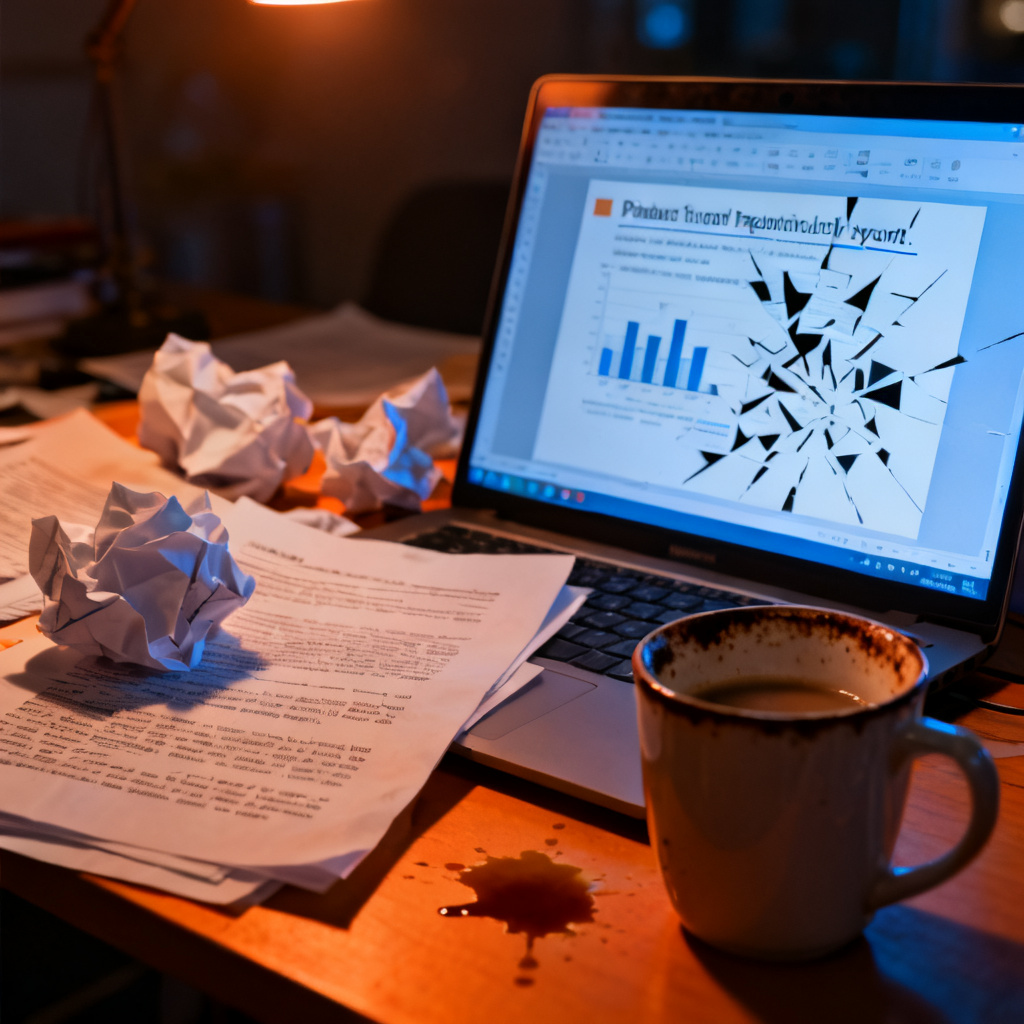 A chaotic mess of printed academic papers, scattered coffee cups, and a laptop screen showing a jumbled, disorganized PowerPoint slide with mismatched fonts and broken chart elements. The mood is one of frustration and late-night academic desperation.