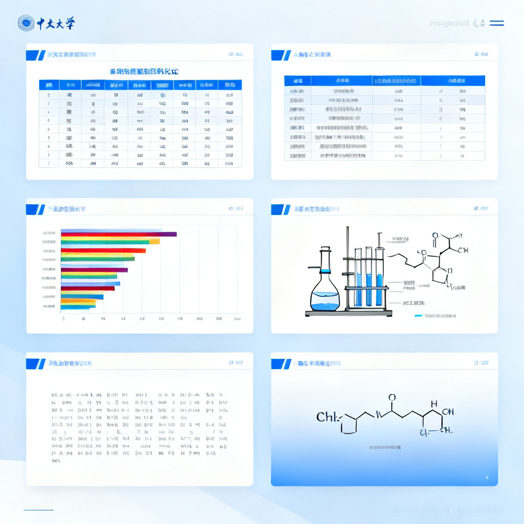 A clean, professional academic presentation slide featuring a complex data comparison table with multi-colored bars, a high-resolution experimental setup diagram, and a chemical formula displayed with precision, all within a minimalist blue and white Chinese university style, 4k resolution