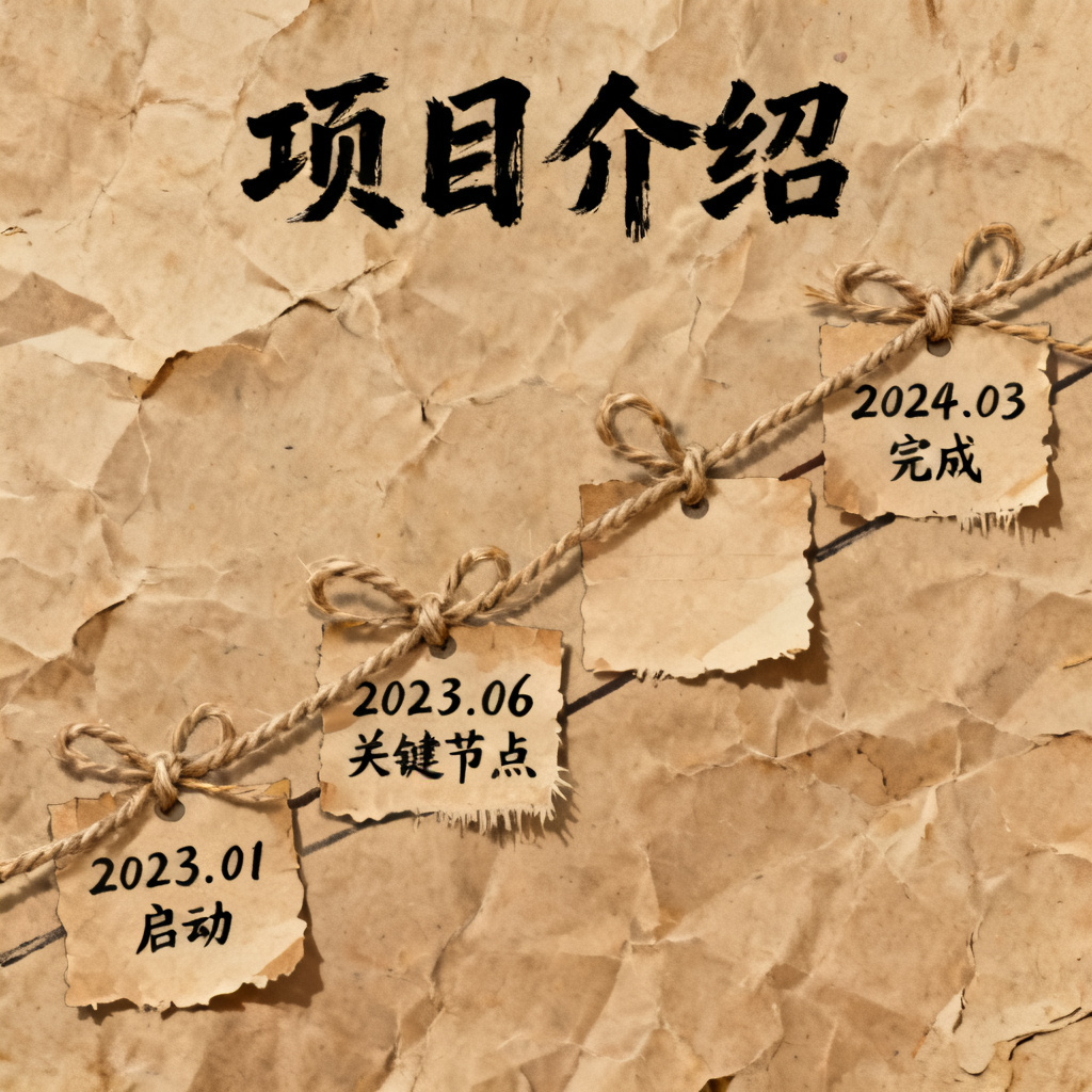 牛皮纸贴画风项目介绍页，背景为仿牛皮纸纹理，文字标题使用手写字体，项目时间线以麻绳和便签纸元素呈现，整体风格复古且具有手工质感。