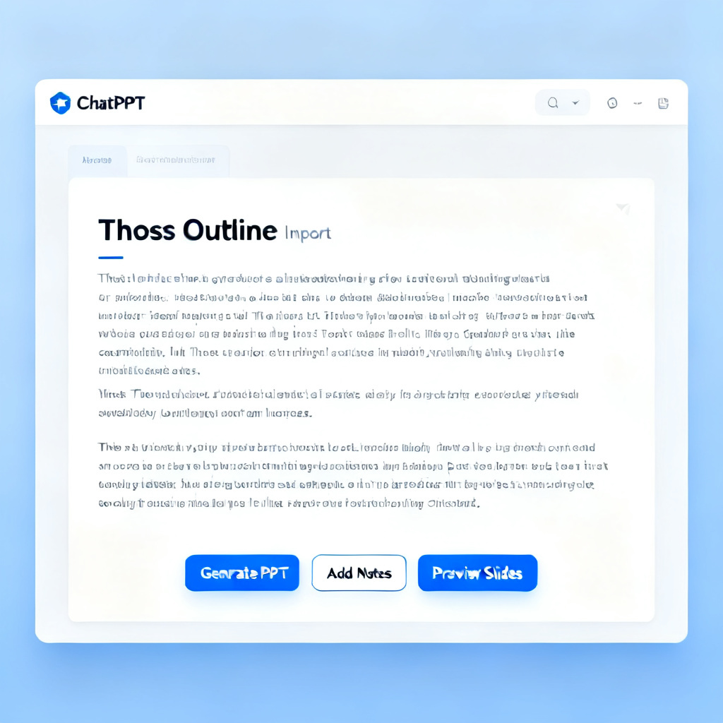 A clean screenshot of ChatPPT web interface showing a thesis outline being imported, with options like 'Generate PPT', 'Add Notes', 'Preview Slides', academic theme