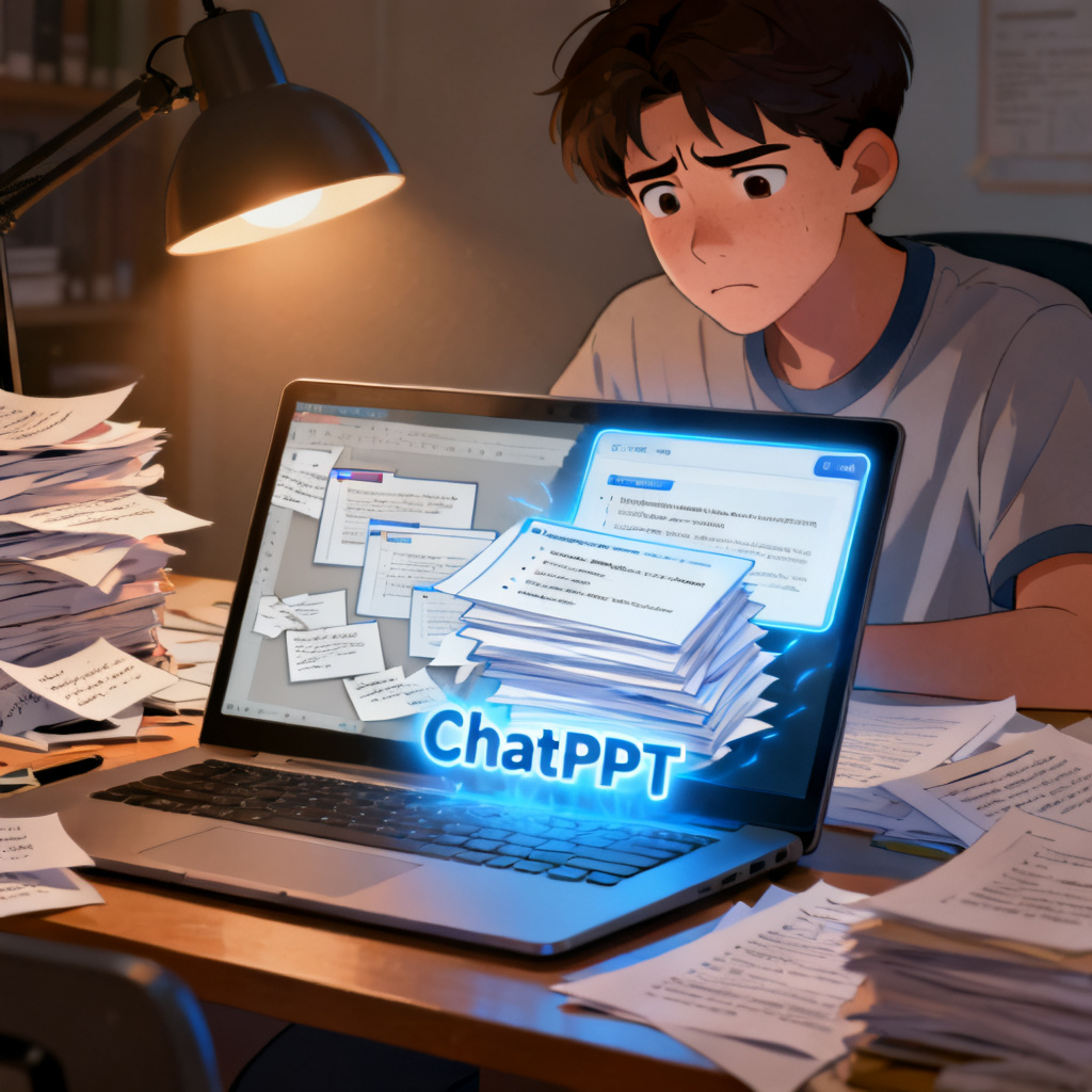 A student sitting at a desk, looking stressed with piles of papers and a laptop showing a half-finished PPT, but then a glowing interface of ChatPPT appears on screen, transforming the chaos into organized slides.