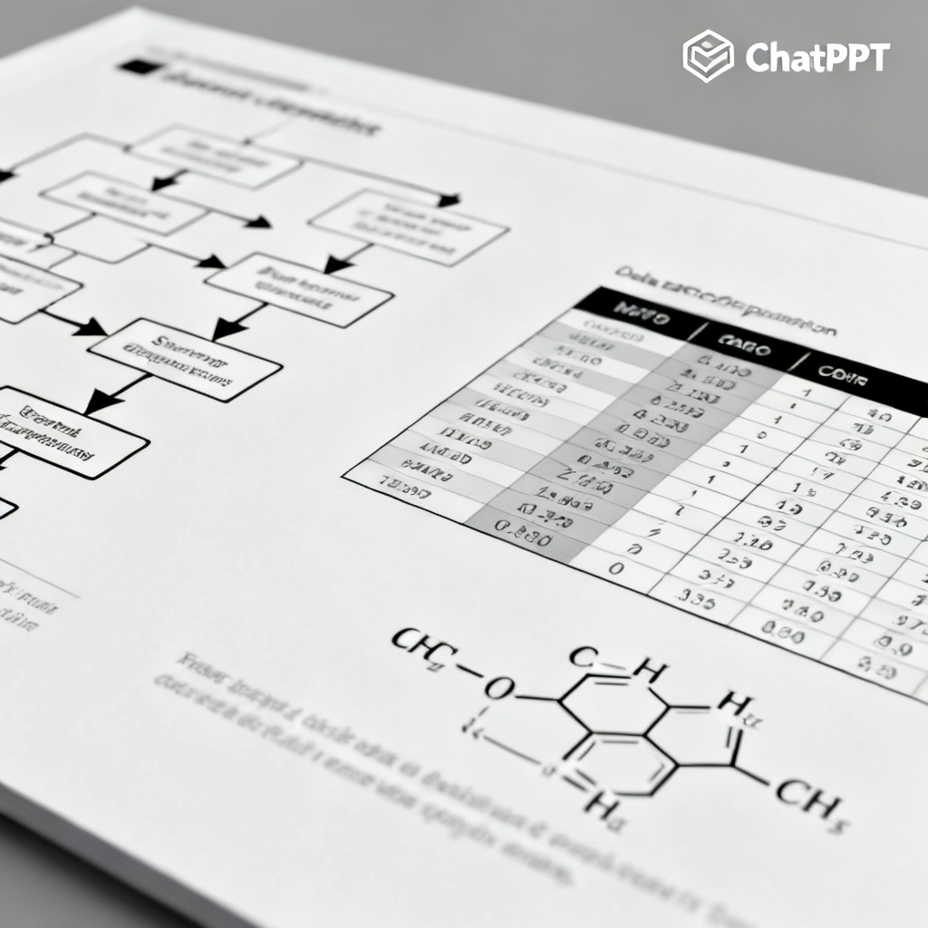A close-up of an academic slide showing a complex experimental flowchart, a data comparison table, and a chemical formula, all rendered in a clean, professional style, with the ChatPPT logo in the corner.