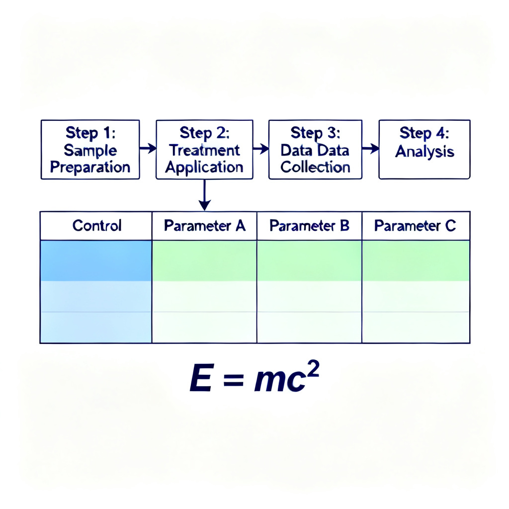 A clean, professional academic slide generated by ChatPPT, showing a complex experimental flowchart with labeled steps, a data comparison table with color-coded rows, and a mathematical formula rendered in high resolution. Background is white with dark blue text.