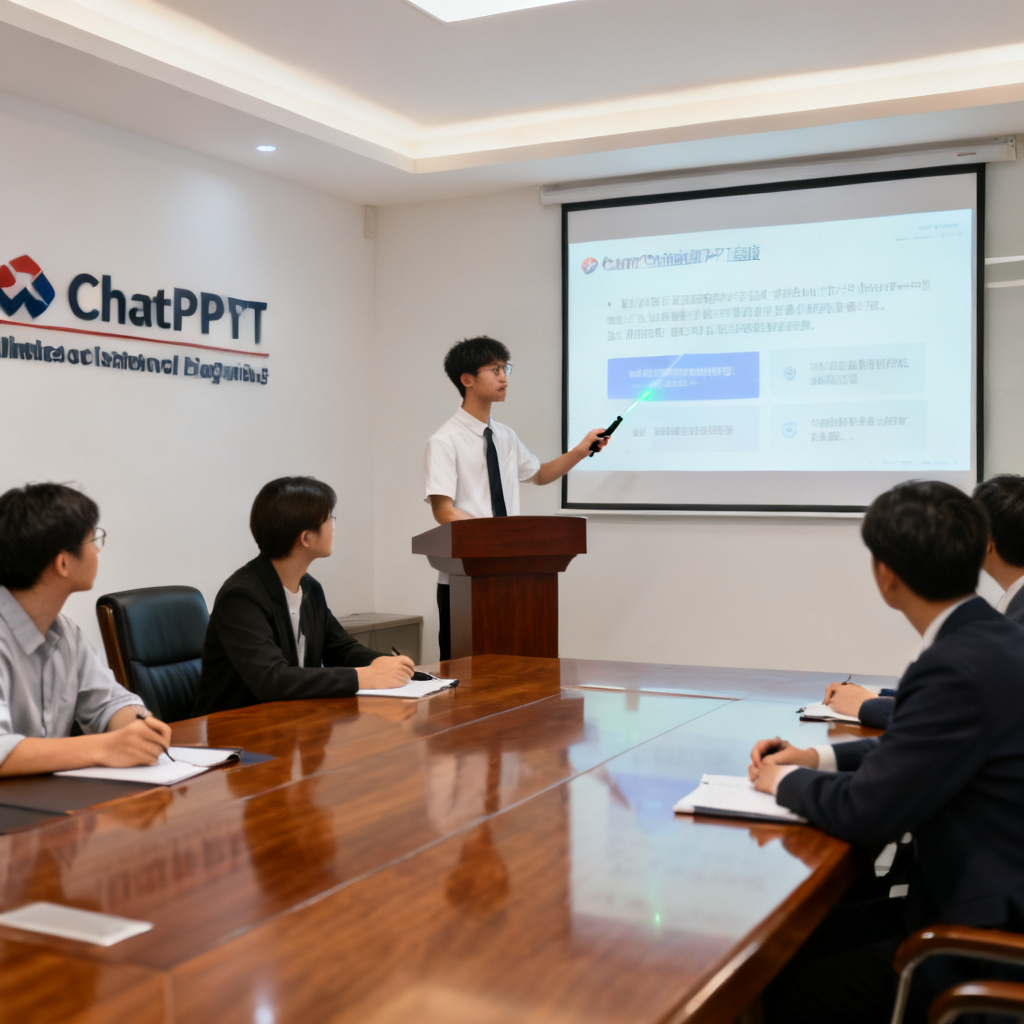 答辩现场，学生自信地使用ChatPPT生成的PPT演讲，评委专注聆听，写实风格，明亮会议室