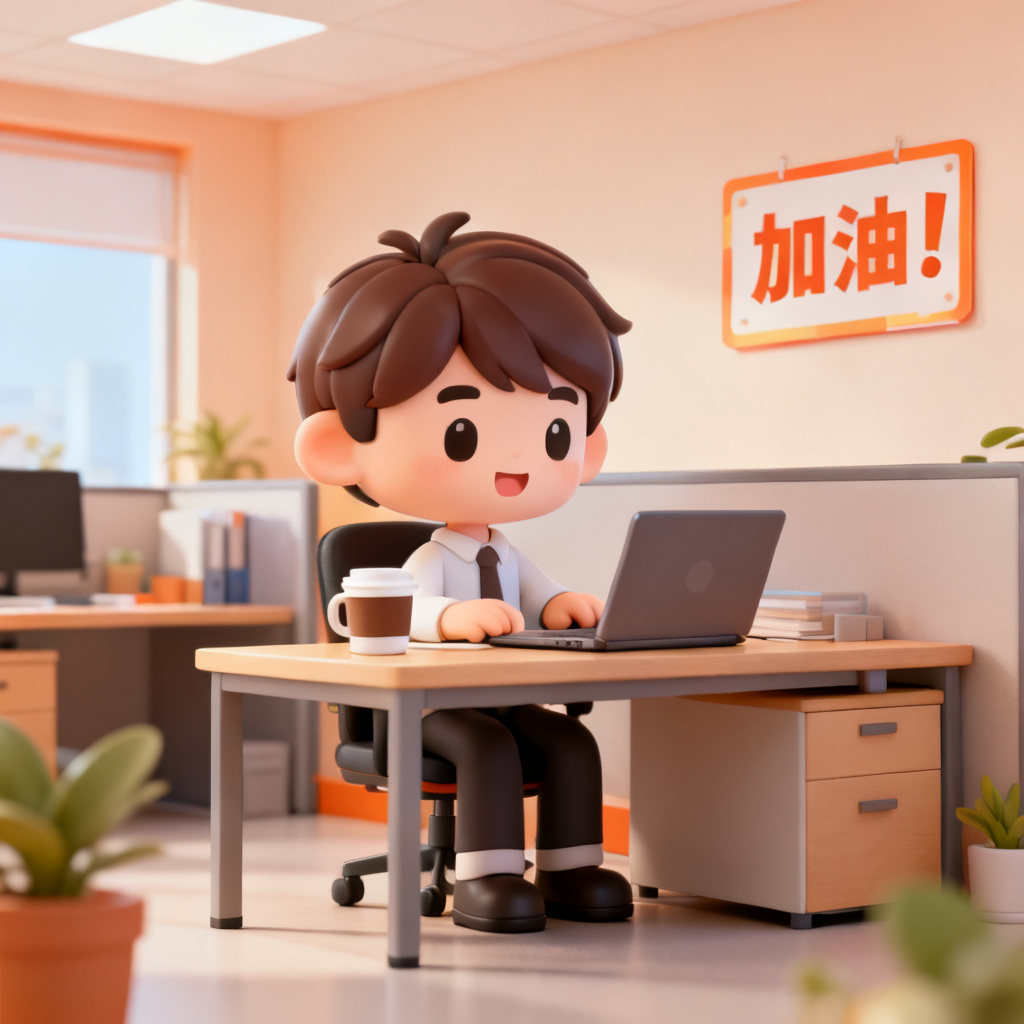 3D卡通风格的办公室场景，角色为Q版人物，办公桌上有咖啡杯和笔记本电脑，墙壁上挂着激励标语，整体色调明亮，采用柔和的暖色系，营造轻松愉快的氛围。