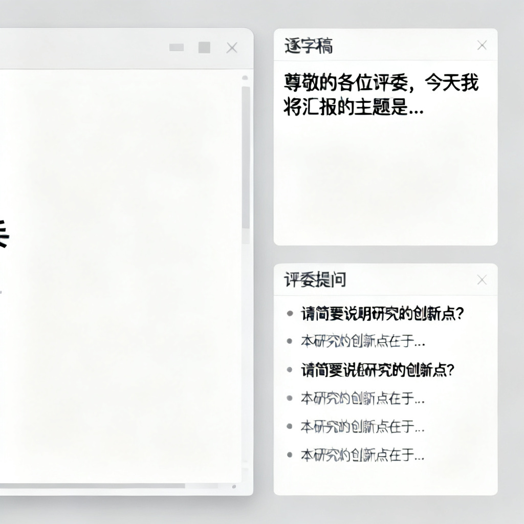 答辩辅助界面，左侧显示PPT幻灯片，右侧显示逐字稿和评委提问列表，提问项附带参考答案，界面简洁清晰