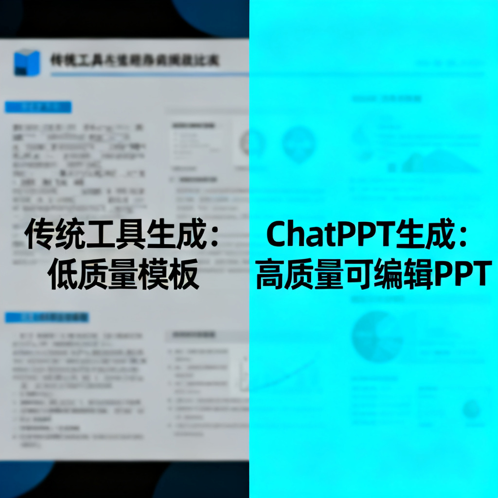 对比图：左侧是传统工具生成的低质量模板，右侧是ChatPPT生成的高质量可编辑PPT