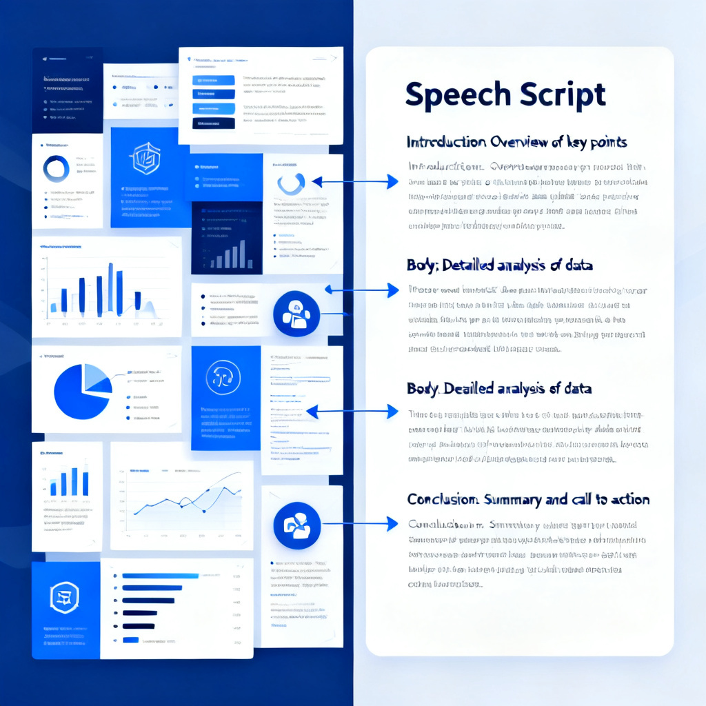 A split-screen showing a complex slide on the left and a perfectly structured speech script on the right, with arrows connecting slide elements to script paragraphs.