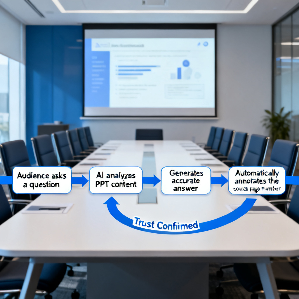 A closed-loop diagram of ChatPPT's AI Q&A feature. From left to right: audience asks a question → AI analyzes PPT content → generates accurate answer → automatically annotates the source page number. A visual arrow loops back to show "Trust Confirmed". Background shows a boardroom setting.