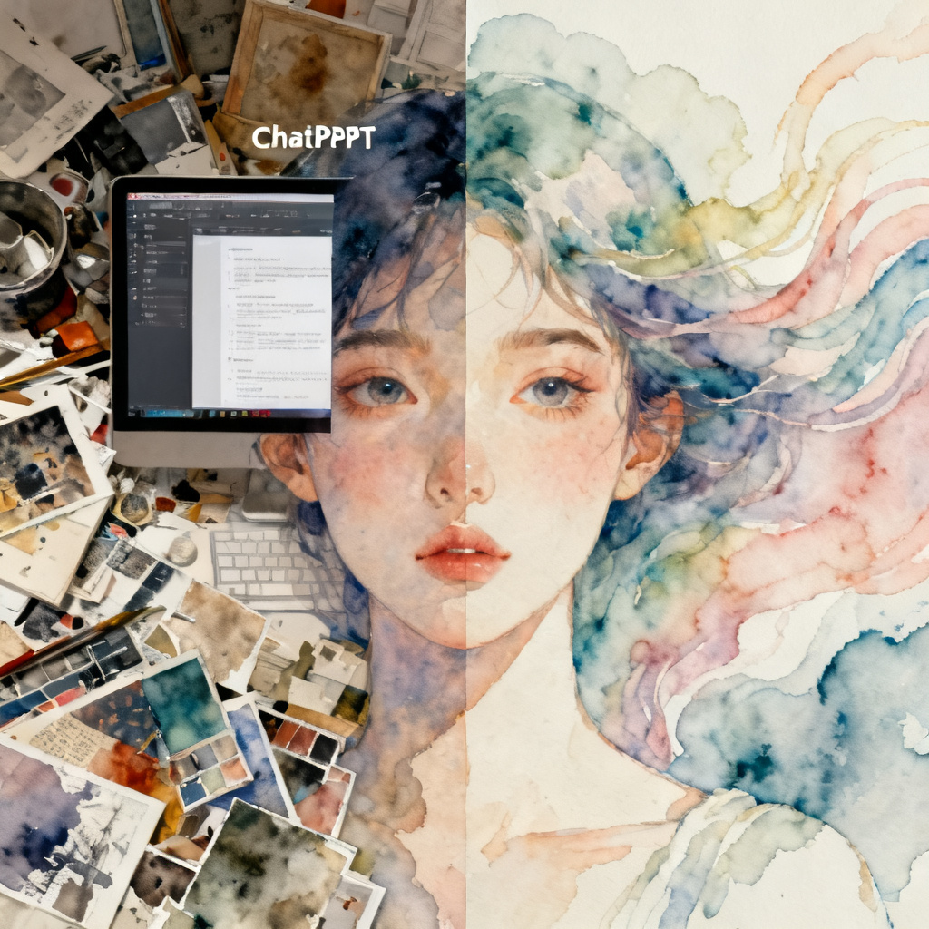 Split screen comparison, left side messy style collage from other tools, right side surreal watercolor illustration style presentation from ChatPPT, showing the contrast of unlimited art style library, dreamy atmosphere