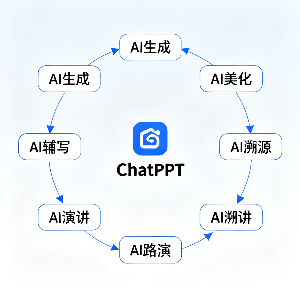 一张展示ChatPPT功能架构图的插画，中心为“ChatPPT”标志，周围环绕“AI生成”、“AI美化”、“AI辅写”、“AI溯源”、“AI演讲”、“AI路演”等模块，模块之间用箭头连接，整体风格简洁专业