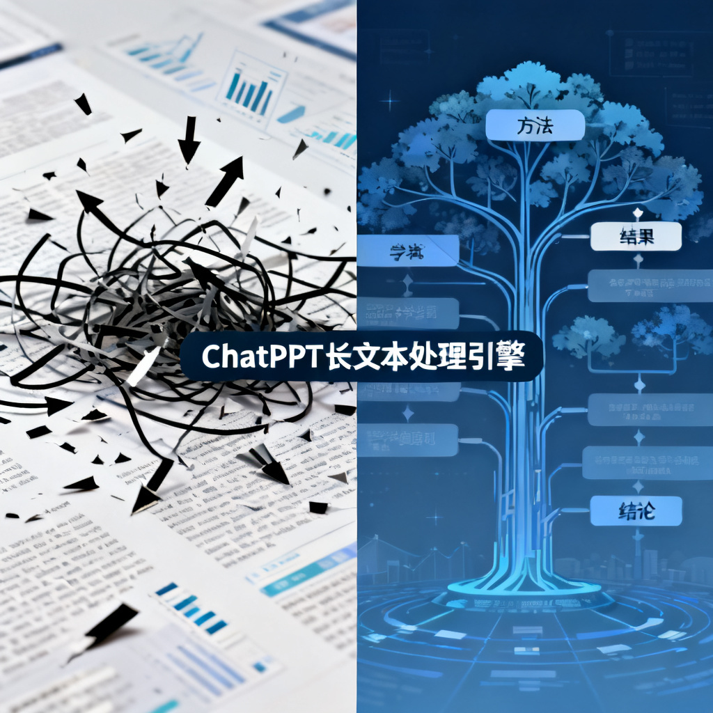 一张对比图，左侧显示混乱的论文逻辑线（箭头断裂、数据散落），右侧显示经过AI重塑的清晰学术逻辑树（背景、方法、结果、结论层层递进），中间标注“ChatPPT长文本处理引擎”。
