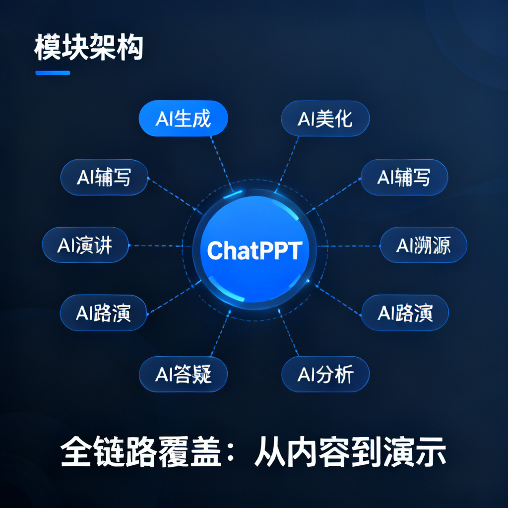 一张模块架构示意图,中心是ChatPPT标识,周围辐射出8个标签:AI生成、AI美化、AI辅写、AI溯源、AI演讲、AI路演、AI答疑、AI分析,底部注释文字“全链路覆盖:从内容到演示”