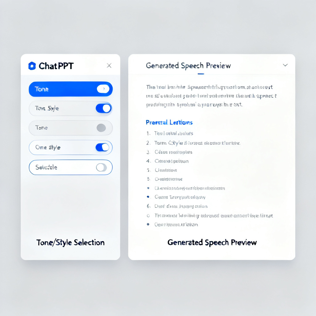 A split-screen interface showing ChatPPT's speech generation panel on the left with tone/style selection options, and a preview of the generated speech text on the right, with clear logical structure markers