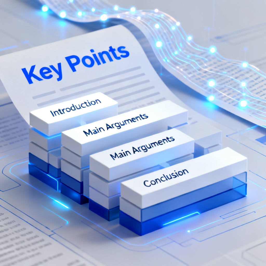 An abstract visualization of a long document being processed by AI, with key points extracted and reorganized into a structured outline. The image uses a clean, futuristic style with blue and white tones.