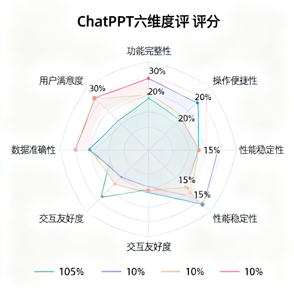 雷达图展示ChatPPT六维度评测得分，评分为10分制，标注各项权重，白色背景，简洁数据可视化