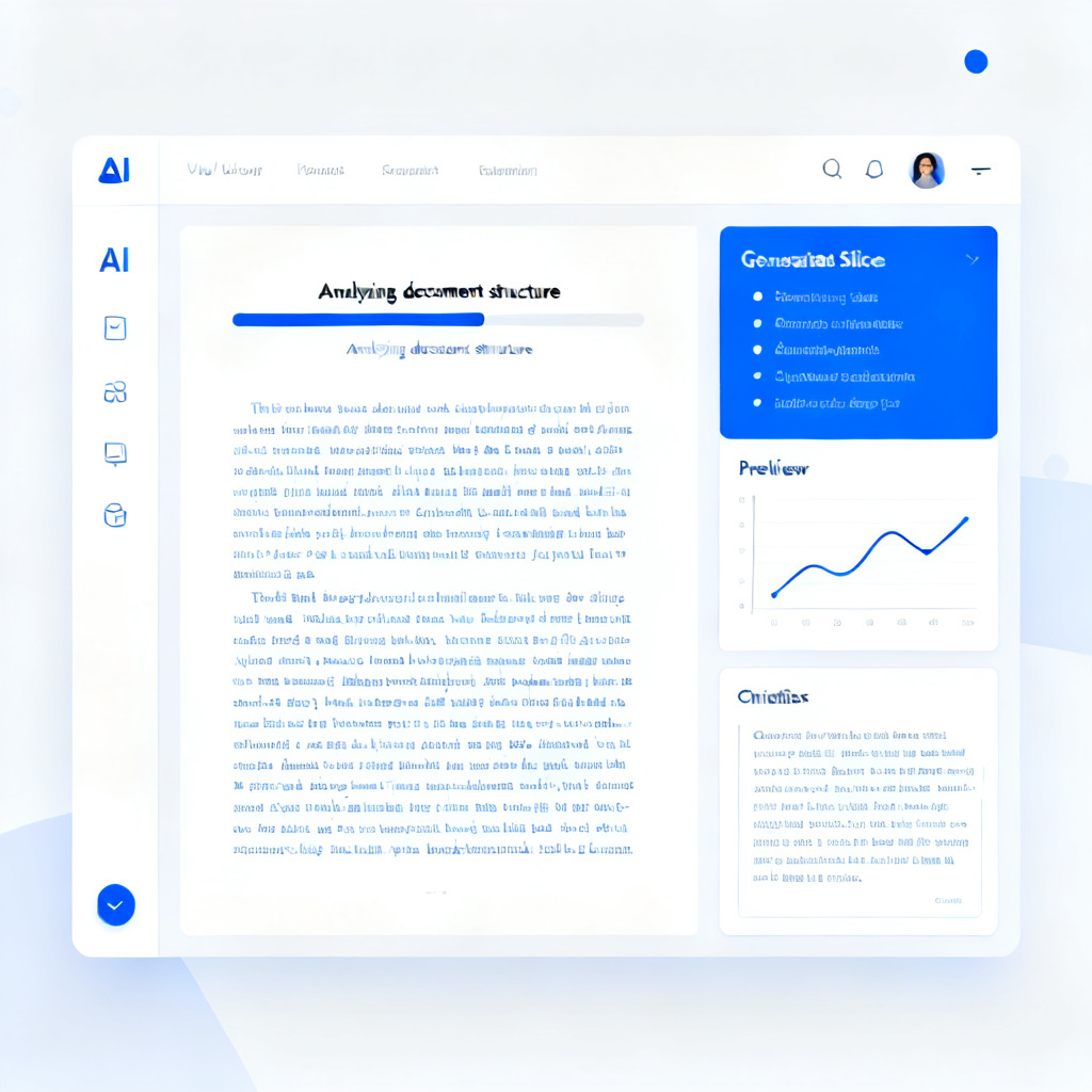 A screenshot mockup of a web interface showing an AI tool processing a long academic paper. The interface has a clean, modern design with a progress bar labeled "Analyzing document structure" and a preview panel showing a generated slide with bullet points, a chart, and a citation. Style: UI/UX design, flat design, professional color palette of blue and white.