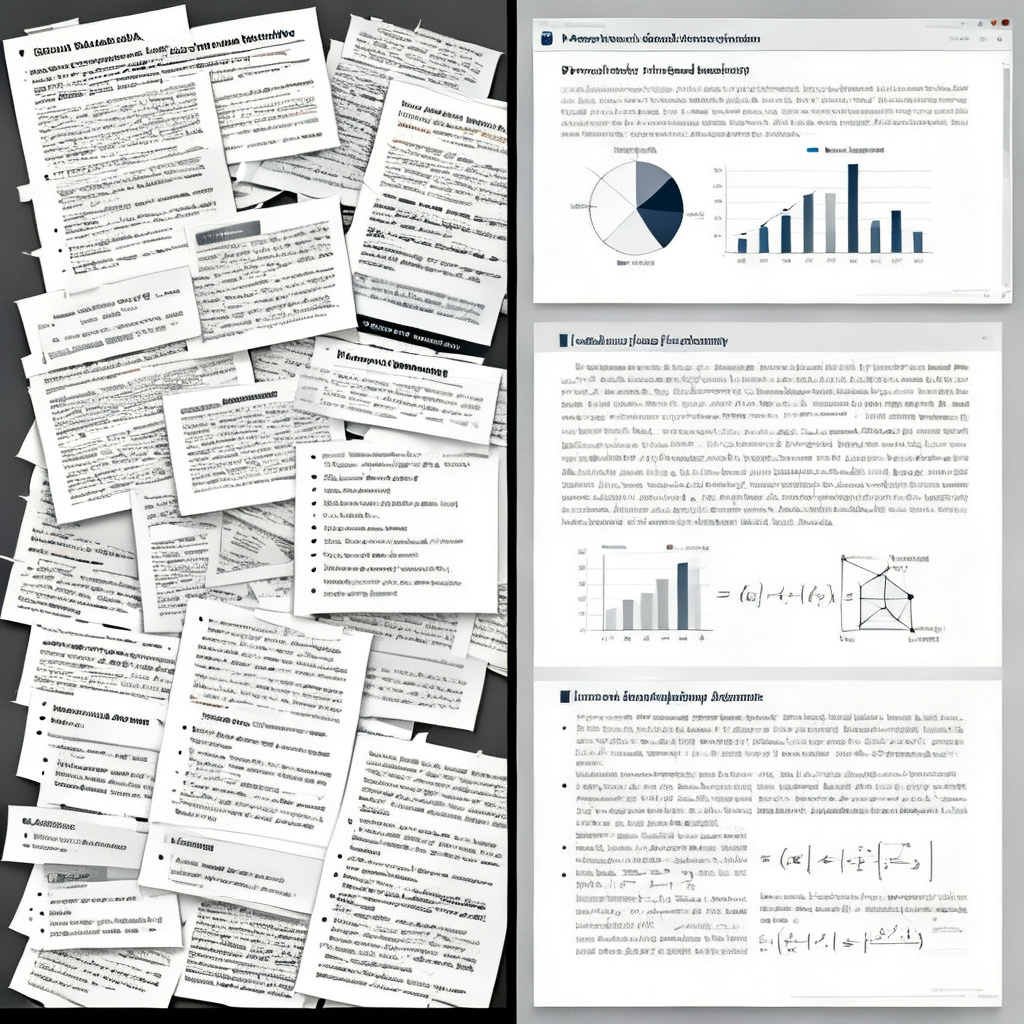 Split screen showing a messy, text-heavy slide on the left and a clean, well-structured academic slide with charts and formulas on the right, professional design style