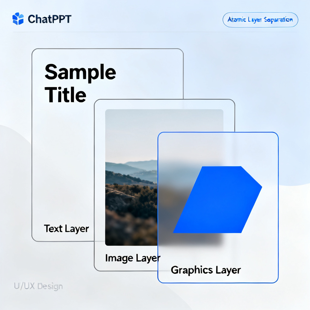 A close-up of a slide showing separate editable layers for text, images, and graphics, highlighting ChatPPT's atomic layer separation technology.