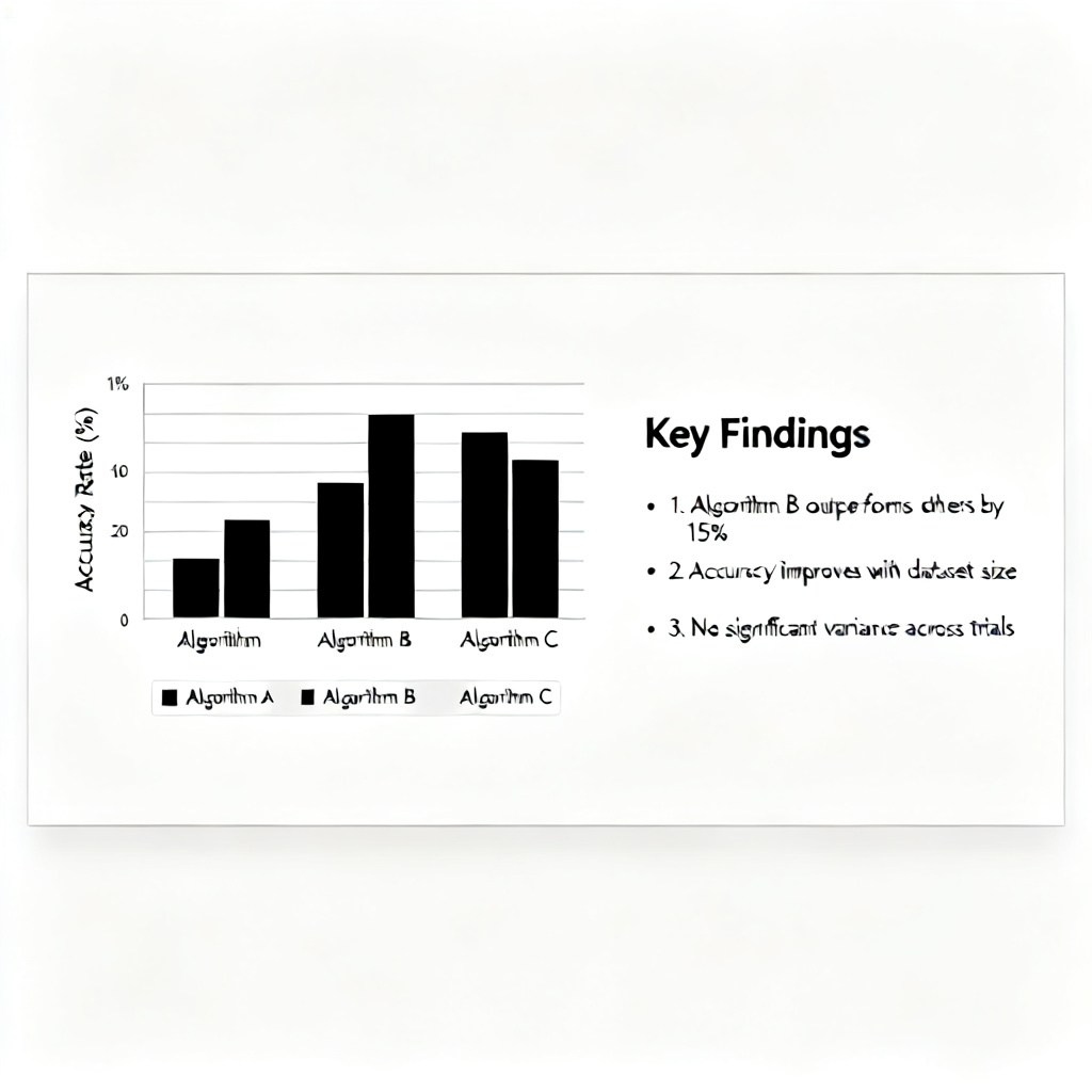 A clean, professional slide from an academic presentation showing a comparison of experimental results. The slide has a white background with subtle gray lines for alignment. On the left, a bar chart comparing accuracy rates of different algorithms, with clear axis labels and legends. On the right, a bullet-point list of "Key Findings" in a sans-serif font. The overall style is minimalist and data-focused, resembling a conference presentation. Style: vector illustration, flat design, academic, high contrast.