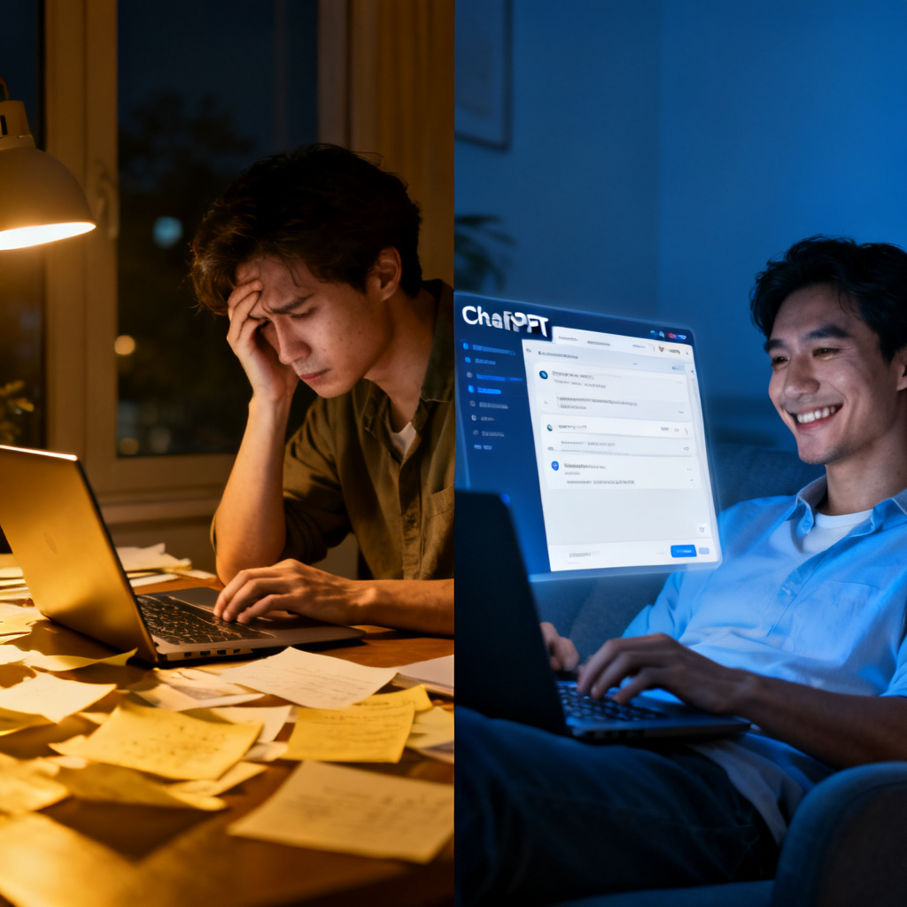 A split-screen composition: left side shows a stressed person working late at night on a laptop with messy notes; right side shows the same person now relaxed, using ChatPPT with a sleek interface, smiling. Style: contrast, storytelling, cinematic, warm vs cold tones.