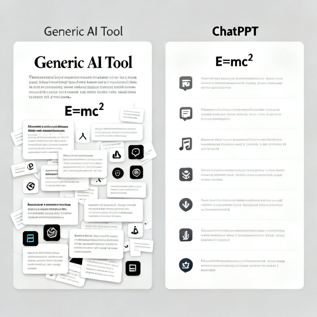 A side-by-side comparison of two slides: one generated by a generic AI tool (cluttered, mismatched fonts, broken formula), and one by ChatPPT (clean, consistent, perfect formula rendering). Highlight the contrast in professional appearance.