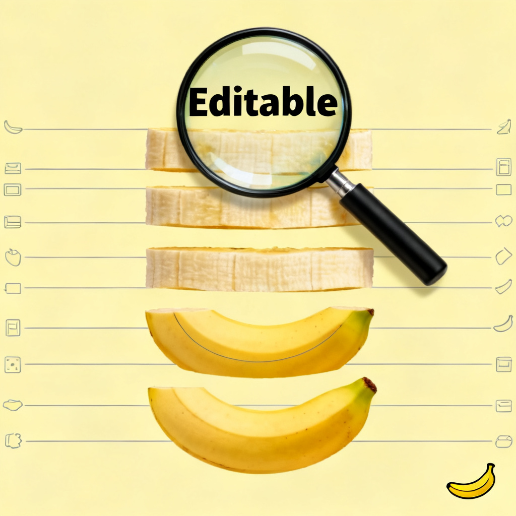 A diagram showing a banana being sliced into layers (text, image, shape, logo) with a magnifying glass over the text layer, highlighting 'Editable'.