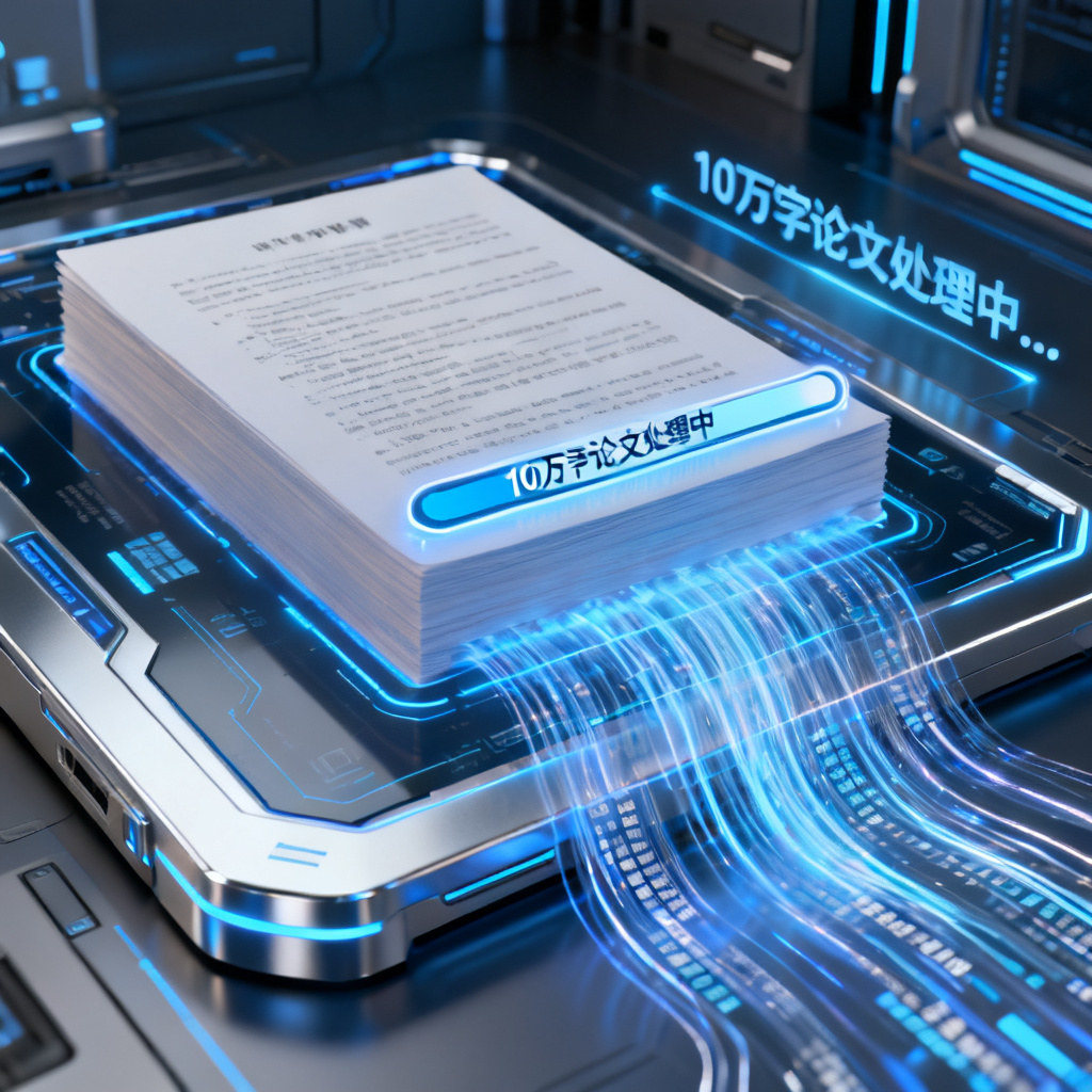 A futuristic AI interface displaying a massive document being processed, with a progress bar showing '10万字论文处理中...', data streams flowing into a sleek PPT template.