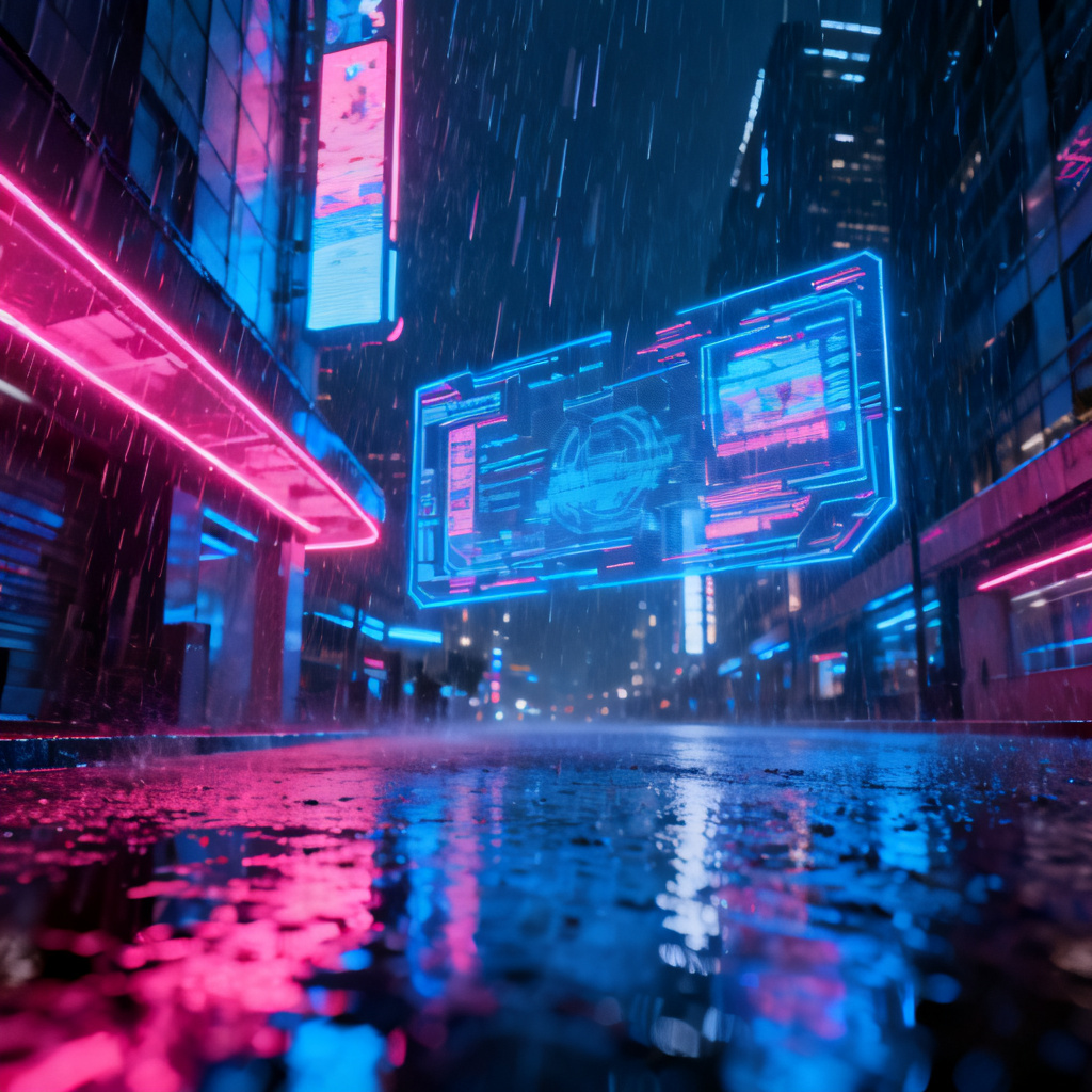 赛博朋克风格，霓虹灯光，雨夜城市街道，全息广告牌，故障艺术效果，高对比度蓝色与洋红色调，未来主义建筑，电影级光照