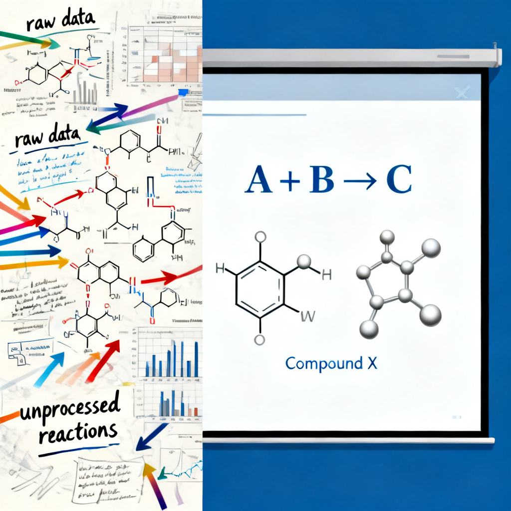 A split-screen illustration showing a complex chemical reaction diagram on the left, and a clean, well-structured academic slide with molecular structures and reaction equations on the right, demonstrating the transformation from raw data to polished presentation.