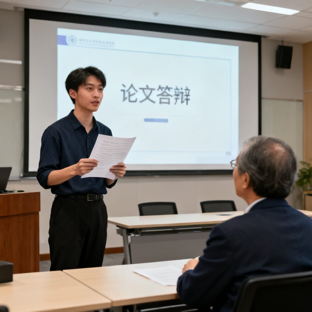一位演讲者在小型会议室中进行论文答辩演练，身后大屏幕显示简洁的学术幻灯片，手里拿着打印的逐字稿，对面坐着一位导师模样的人物，柔和自然光线，专业场景