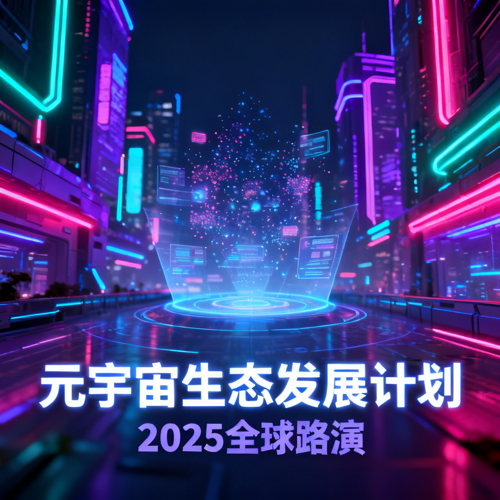 一张赛博朋克风格的元宇宙路演PPT，色彩鲜艳，霓虹灯光，未来城市背景，文字清晰可编辑